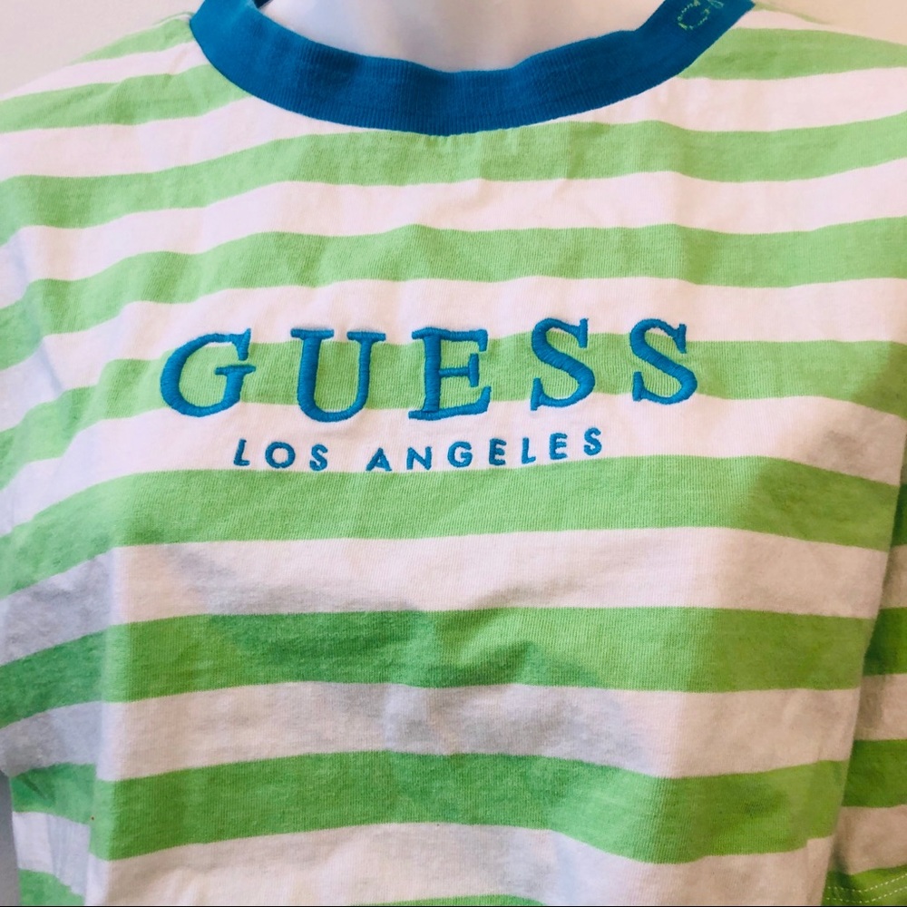 Vintage 90s Style Guess Green Striped T-shirt - Picture 6 of 8